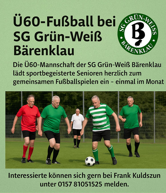Die Ü60 - auch unsere Legenden genannt - laden herzlich sportbegeisterte Senioren ein, sich 1x im Monat zu treffen, um gemeinsam etwas Fußball zu spielen und sich danach in gemütlicher Runde bei Getränk und Essen zu unterhalten.