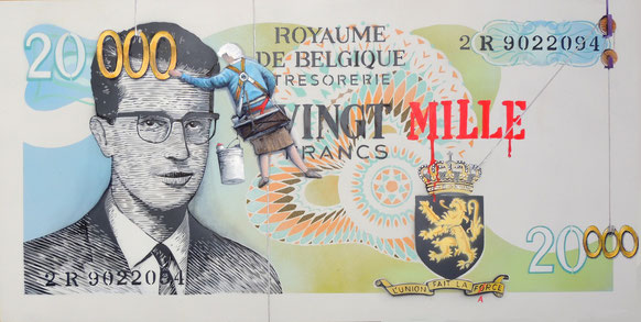 Anciens francs belges transformés en euros. Peinture : aerosol et huile. Humour