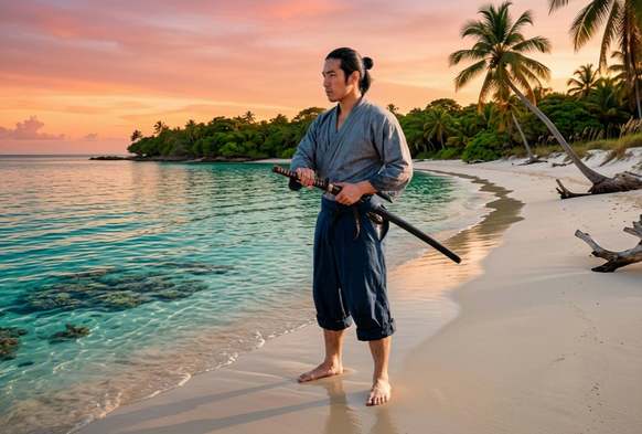 immagine di un samurai al mare che evoca l'idea delle vacanze estive