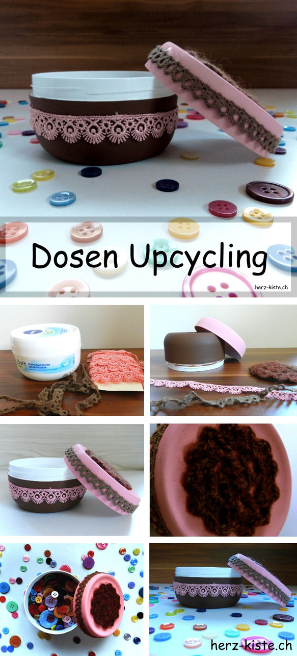 Dosen Upcycling mit Acrylfarbe und Spitzenbändern