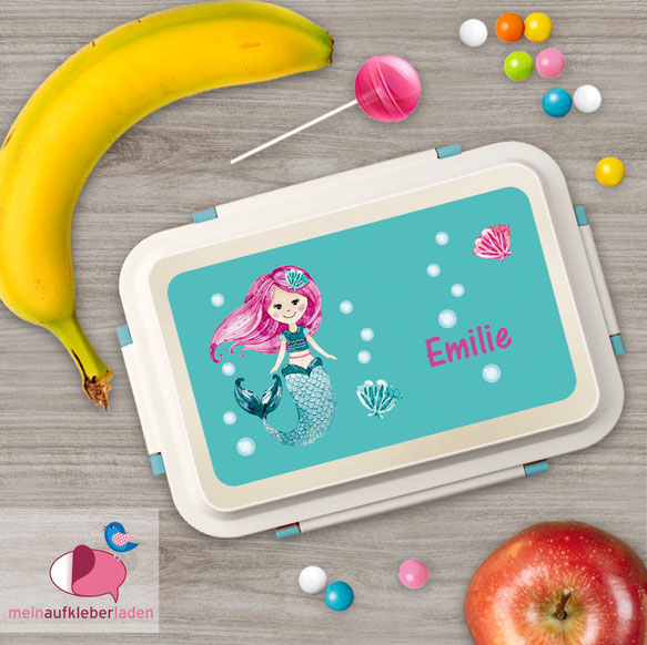Brotdosenaufkleber 12 x 7 cm  - Motiv: Meerjungfrau - hochwertige PVC-freie Folie, ungiftige Farben - mit Namen personalisierbar