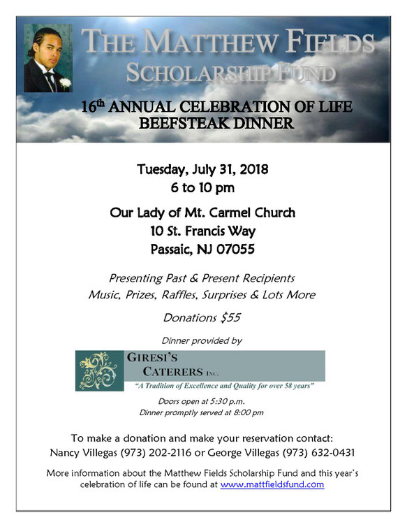 2013 Matthew Fields Scholarship Fund Dinner Information