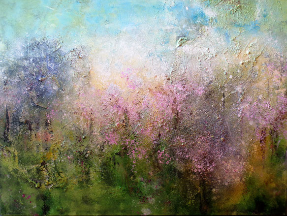 "Obstbaumblüte" , Acryl ,Asche , Sand , 100x80 cm , BNr. 307 , in Privatbesitz