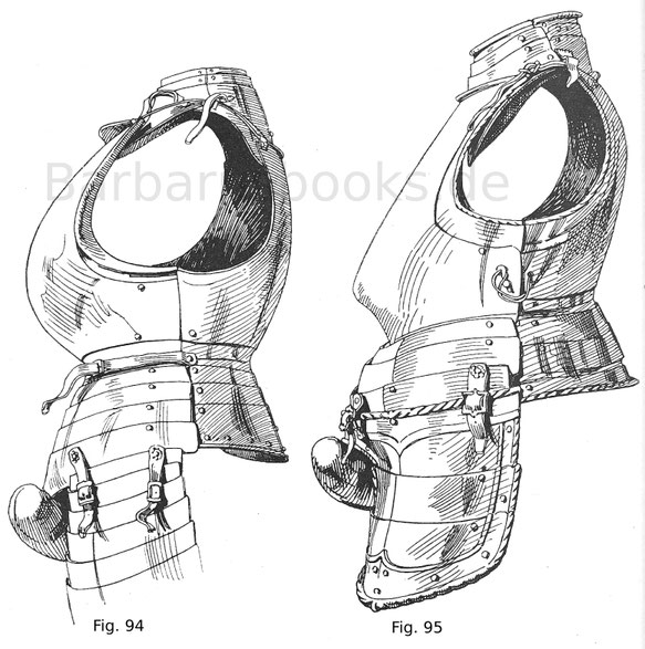 Kugelbrust mit Bauchreifen, Beintaschen und Latz. Deutsch um 1510. Fig. 95. Tapulbrust, mit Bauchreifen, Beintaschen und Latz. Deutsch um 1540.