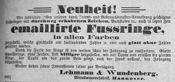 Werbeanzeige für Fußringe aus der "Zeitschrift für Brieftaubenkunde" des Jahres 1900, Brieftaube, Brieftaubenring, Brieftaubenwesen