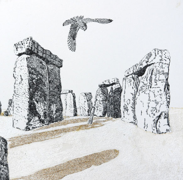 Study for Falcon sweeps on Stonehenge - pen and sand 0n papaer - 40 x 40 cm
