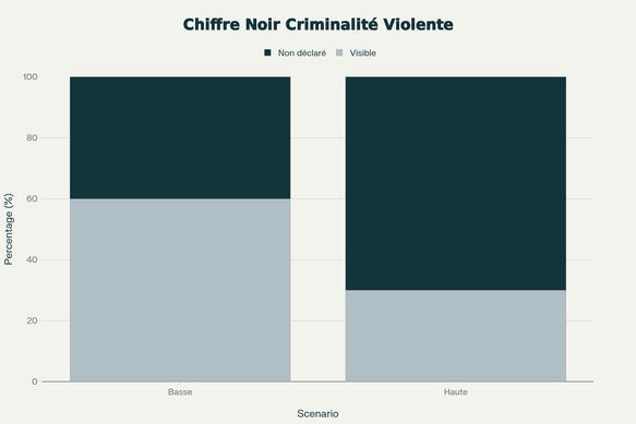 Comparaison entre la criminalité enregistrée et la criminalité réelle estimée. D'après les recherches européennes citées dans le document, le « chiffre noir »