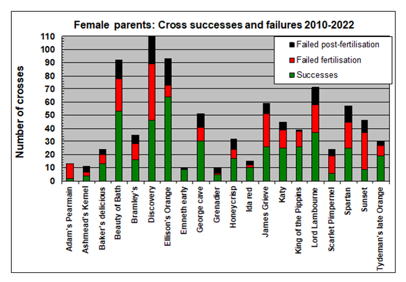 Graph of success rates of different apple varieties used as female parents in crosses between 2010-2016