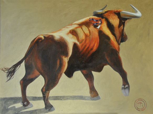 peinture-tauromachie-taureau-de-combat-toro-roux-espagnol-coridas-artiste-roussel-meric