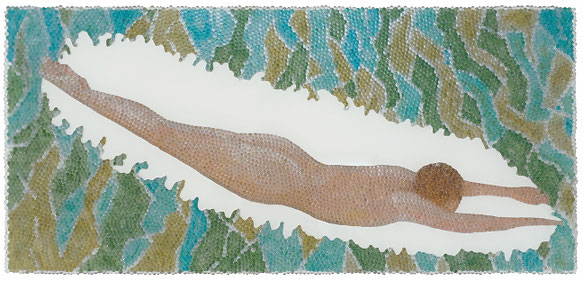 Wassersprung 6, Glaskugeln, Plexiglas auf Öl, Leinwand und Holz, 2018, 60 x 130 cm