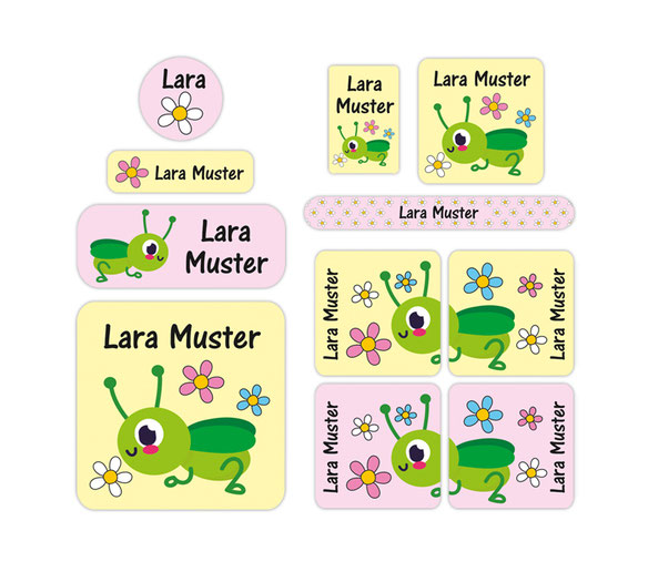 Kleines Set Namensaufkleber für den Kindergarten Start - verschiedene Größen Namensaufkleber - Textilaufkleber - Schuhaufkleber - Motiv: Grashüpfer 