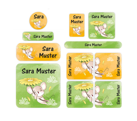Kleines Set Namensaufkleber für den Kindergarten Start - verschiedene Größen Namensaufkleber - Textilaufkleber - Schuhaufkleber - Motiv: Maus 