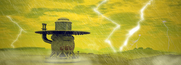 Künstlerische Darstellung einer Venera-Sonde auf der Venus. Man stellt sich eine Welt mit zahlreichen Blitzen und Metallregen vor.