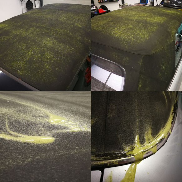 zeer vuile cabriokap met erg veel groene aanslag en mos (cabriokap vuil - schoonmaken - reinigen - impregneren) | A1 Car Cleaning