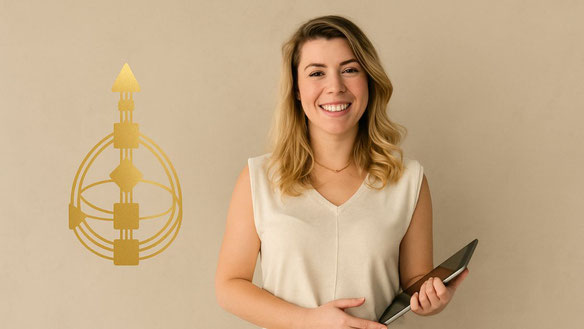 Eine lächelnde Geschäftsfrau mit Tablet in der Hand steht vor einer Wand. Neben ihr befindet sich ein goldenes Human Design Chart, das für energetische Führung und Authentizität im Business steht.