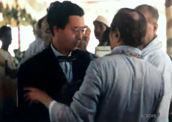 1954, Meherabad, India : Hitaka greeting Meher Baba  - Image captured & colourized by Anthony Zois.