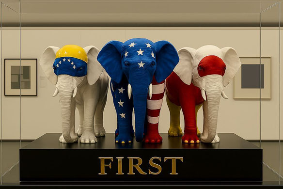 Mitte USA Flagge links Venezuela und rechts Grönland jeweils als Porzellanelefant - 3D-Druck by Andreas Ingramm, KKRR Mülheim