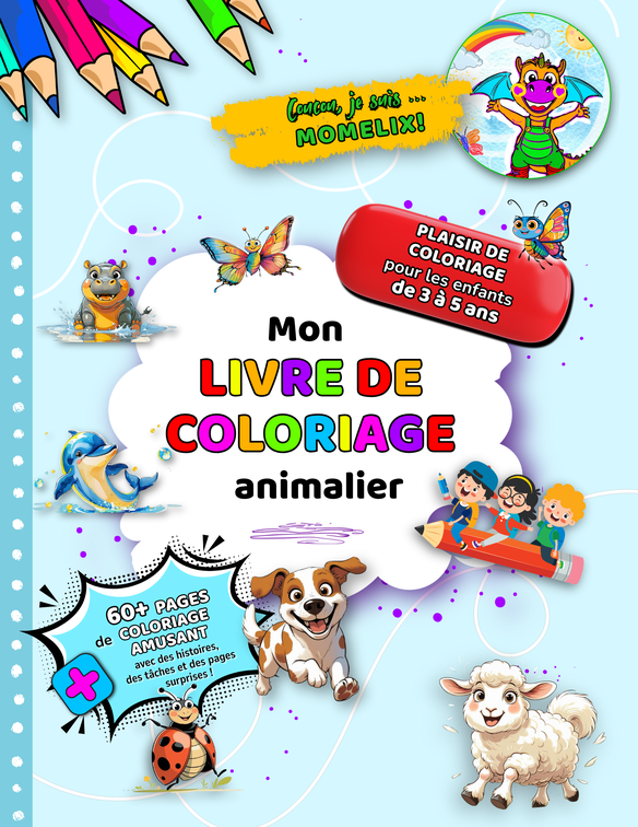 Couverture du livre de coloriage d’animaux 3–5 ans – Momelix & ses amis