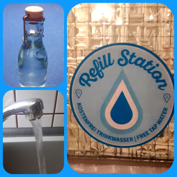 Wasserflasche, Wasserhahn und Logo Refillstation