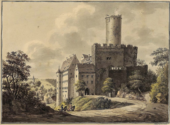 Die Burg Gnandstein war Stammsitz derer von Einsiedel zur Zeit Heinrichs des I. Die Abbildung zeigt die Burg 300 Jahre später. Bildquelle: (B1)