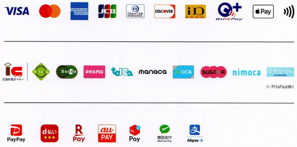 visa mastar AMERICANEXPRESS JCB DinarsClub DISCOVER iD QUICPAY APPLEPAY タッチ IC Kitaca Suica PASMO tolca manaca icoca sugoca nimoca はやかけん PayPay d払いRPay auPay WeChatPay Alipay