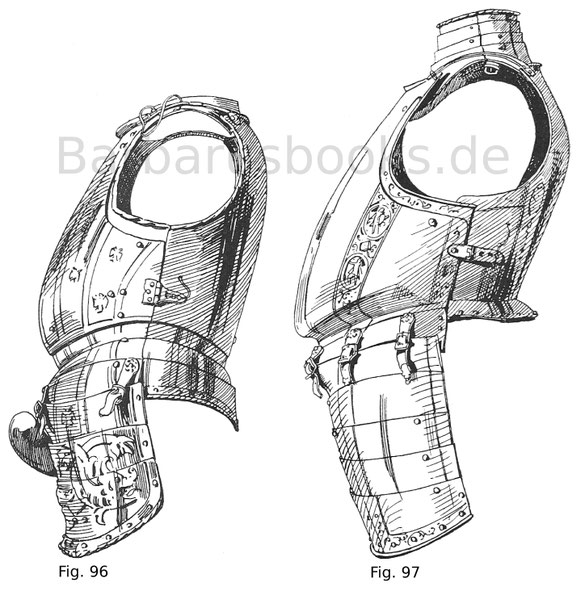 Fig. 96. Brust mit Bauchreifen, Beintaschen und Latz. Deutsch 1547. Fig. 97. Brust mit Gansbauch, Kragen und Beintaschen. Der Kragen ist stark in die Höhe gezogen. Italienisch um 1570.