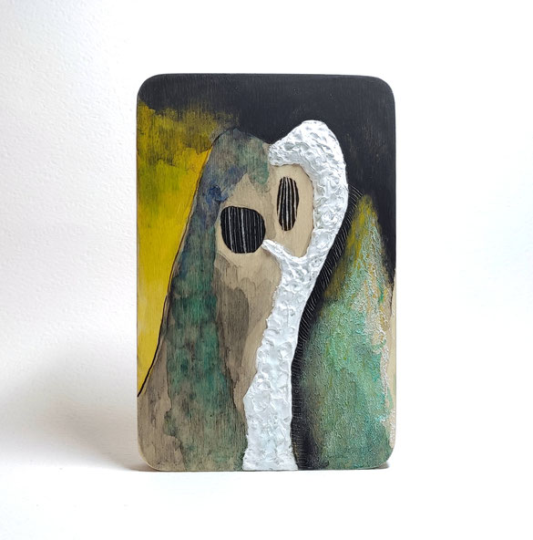 Kunstwerk gemalt auf Holz mit Gouache, Tusche, Aquarellfarbe etc.