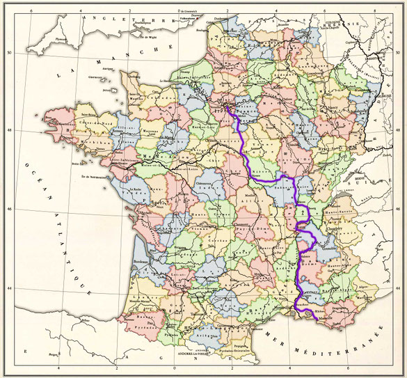 The map shows the train route from Pris to Marseilles via Lyon.