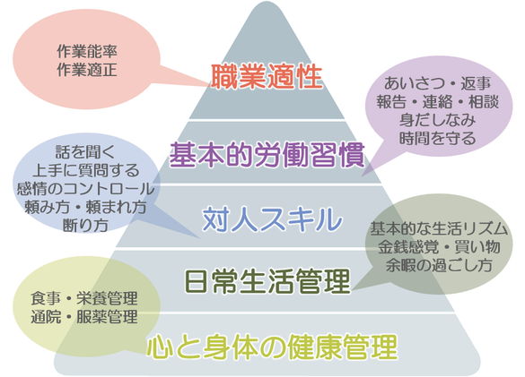 職業適性、基本的労働習慣、対人スキル、日常生活管理、心と身体の健康管理で成り立つピラミッドのイメージ。