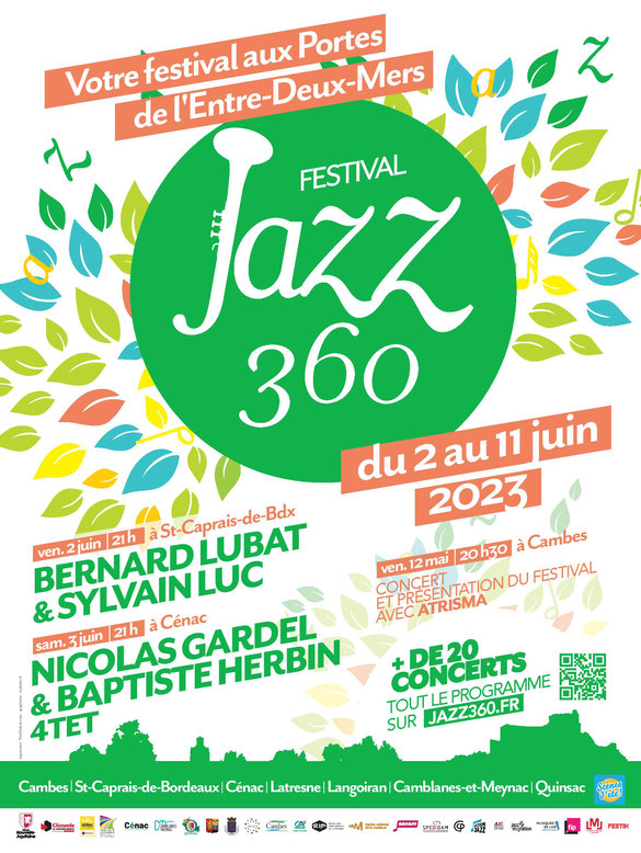 Affiche officielle Festival JAZZ360 2023, festival intercommunal sur 12 mai 2023 et du 2 juin au 11 juin 2023 aux Portes de l'Entre-Deux-Mers.