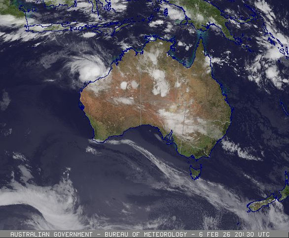 Satellite image of tropical cyclone Mitchell off northwest Western Australia, 07 February 2026. From www.bom.gov.au.