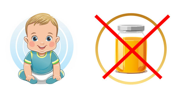 Dessin sur le côté gauche d'un nourrisson avec sur le côté droit un dessin d'un pot de Miel barré