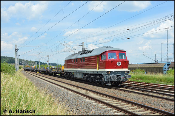 Inzwischen neu hauptuntersucht und lackiert, ist 231 012-6 am 19. Juni 2019 bei Gleisbauarbeiten am VW-Werk Mosel bei Zwickau zu Gange