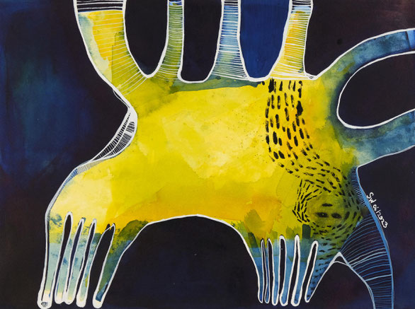 Kunstwerk auf Papier, gemalt  mit Gouache, Tusche, Aquarellfarbe, Stiften etc.