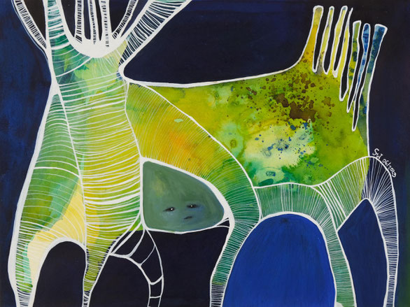 Kunstwerk auf Papier, gemalt  mit Gouache, Tusche, Aquarellfarbe, Stiften etc.