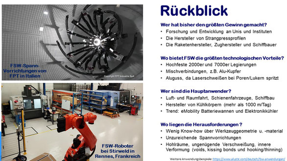 Wer hat beim Rührreibschweißen bisher den größten Gewinn gemacht? Wo bietet FSW die größten technologischen Vorteile? Wer sind die Hauptanwender? Wo liegen die Herausforderungen? Wenig Know-how über Werkzeug