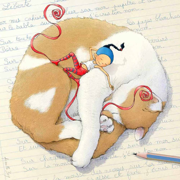 Illustration de Timeliot qui est sur le dos d'un chat roux et blanc qui dort. Il lui tire gentiment les moustaches