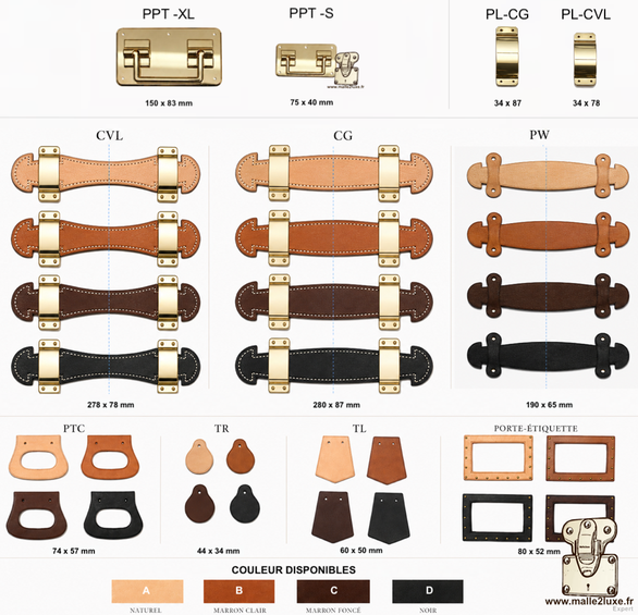 gamme de poignées cuir pour malle - range of leather handles for trunk