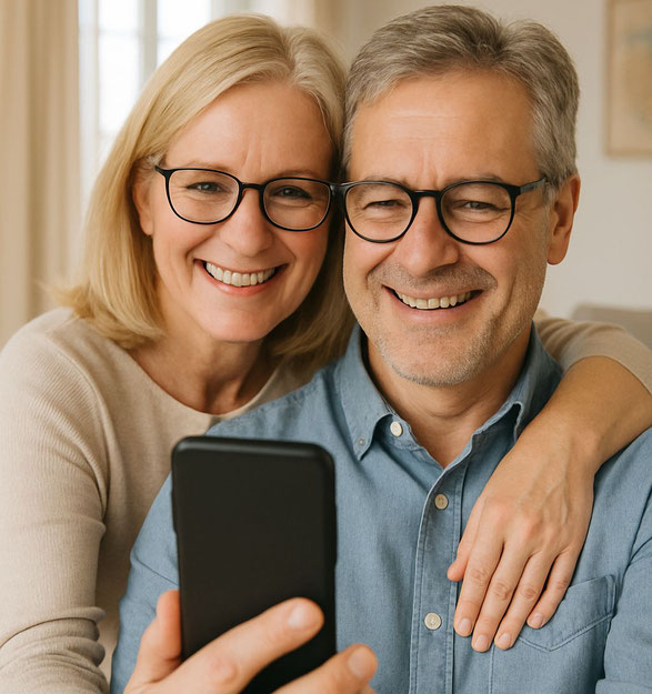 Paar mit Brillen blickt gemeinsam auf ein Smartphone
