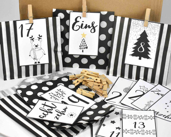 1 SET DIY Adventskalender besteht je aus: 24 Papiertüten Flach, hergestellt aus starkem 36g/m² Kraftpapier, Größe 12 cm x 18 cm,3 Bogen A4, 250 g weiß, mit Zahlen Druck zum Ausschneiden, 24 Mini-Holzklammern, Motiv 7