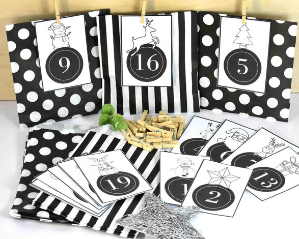 1 SET DIY Adventskalender besteht je aus: 24 Papiertüten Flach, hergestellt aus starkem 36g/m² Kraftpapier, Größe 12 cm x 18 cm,3 Bogen A4, 250 g weiß, mit Zahlen Druck zum Ausschneiden, 24 Mini-Holzklammern, Motiv 9