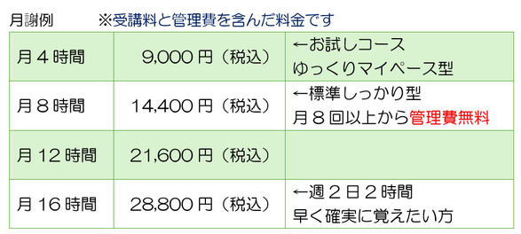 三軒茶屋パソコン教室　月謝例