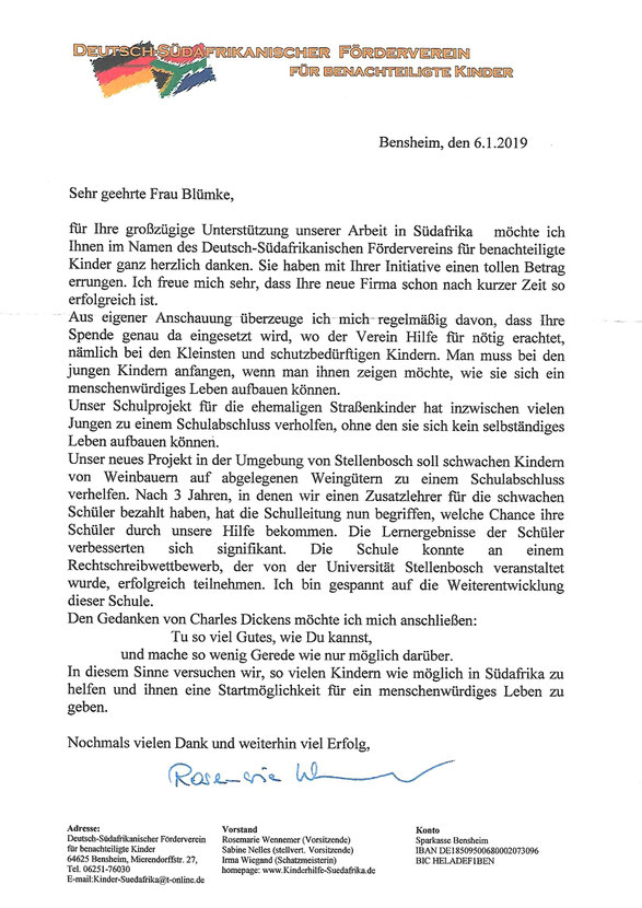 Danksagung von der Kinderhilfe Südafrika