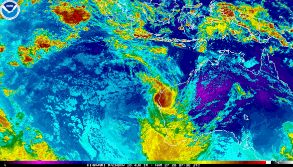 Colourised satellite image of severe tropical cyclone Narelle, 27/03/2026, from NOAA.