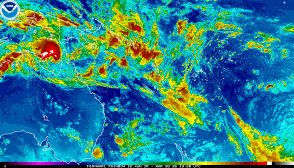 Colourised satellite image of severe tropical cyclone Narelle 21/03/2026, from NOAA.