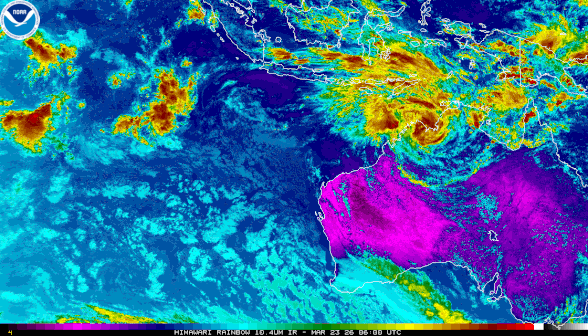 Colourised satellite image of Ex-tropical cyclone Narelle, 23/03/2026, from NOAA.