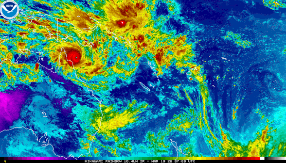 Colourised satellite image of severe tropical cyclone Narelle, 19/03/2026 (18:45 pm), from NOAA.