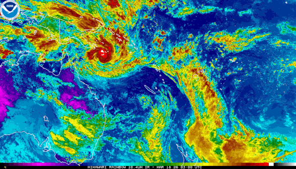 Colourised satellite image of tropical cyclone Narelle developing in the Coral Sea, 18/03/2026, from NOAA.
