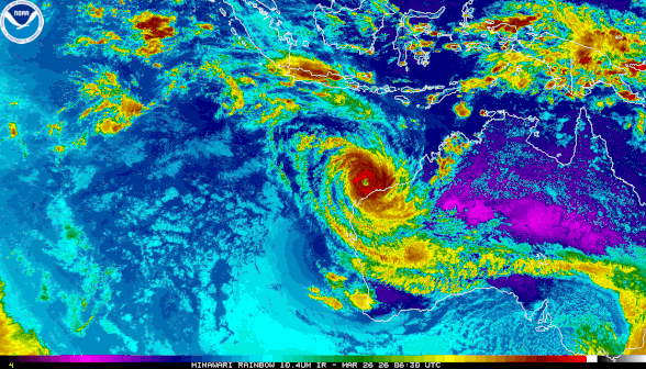 Colourised satellite image of severe tropical cyclone Narelle, 26/03/2026, from NOAA.