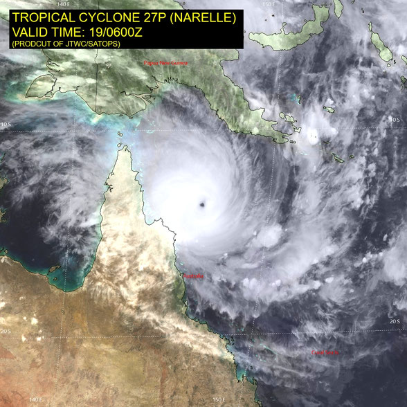Satellite image of severe tropical cyclone Narelle developing in the Coral Sea, 19/03/2026, from JTWC.